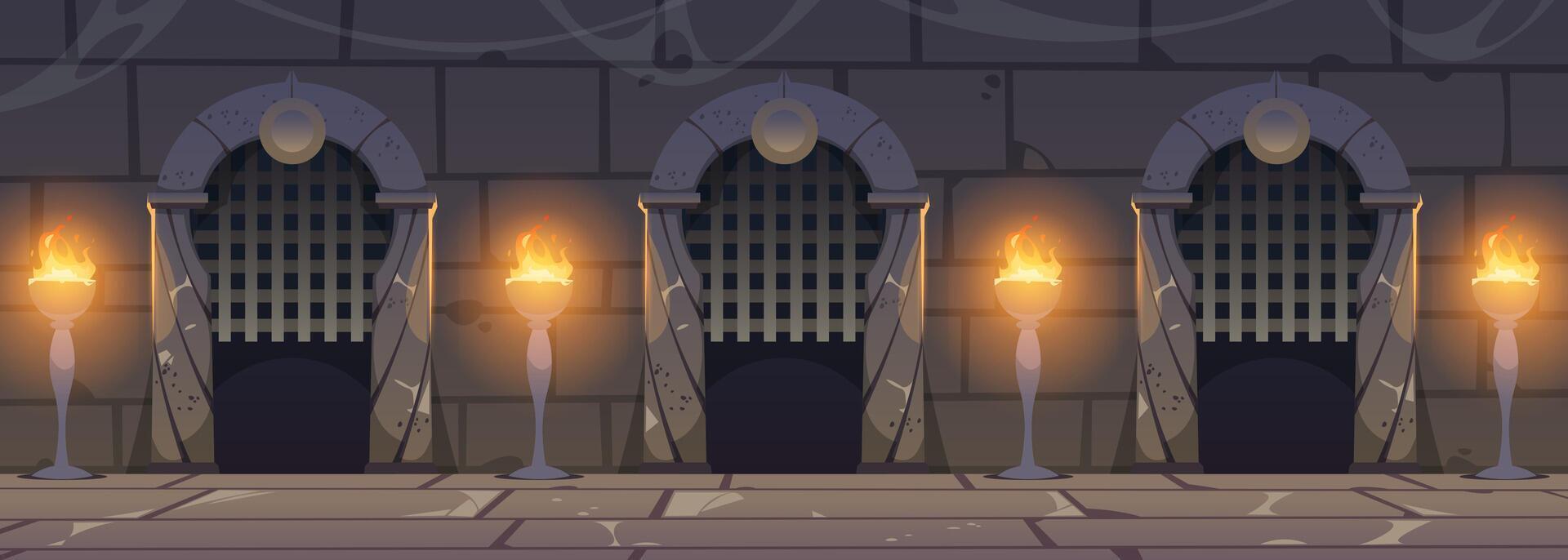 Castle dungeon wall. Cartoon medieval background with brick stone wall, arch doorway and burning torches, ancient palace archway interior background. illustration vector