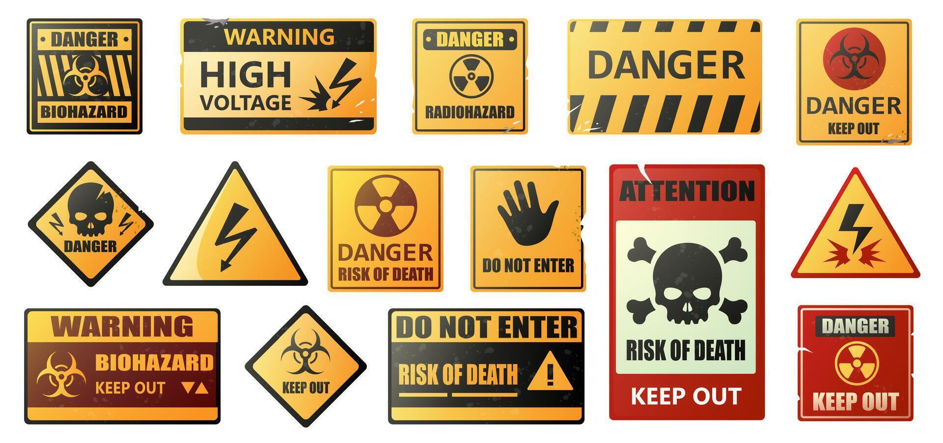 Danger banner. Warning alert hazard zone labels, risk attention and security notice stickers, traffic road safety caution signs. danger isolated set vector