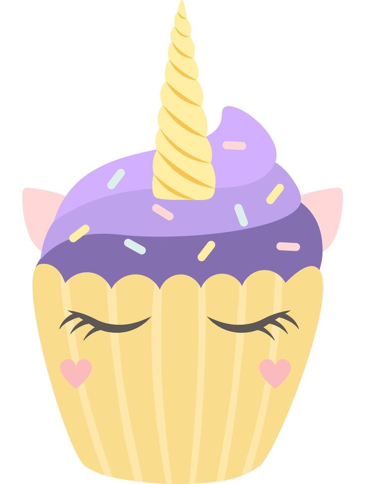Adorable unicorn cupcake decorated with purple frosting, sprinkles, a golden horn, pink ears, closed eyes and hearts, creating a whimsical and magical treat vector