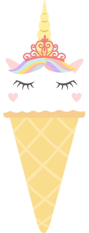 Whimsical illustration featuring a sleeping unicorn ice cream, complete with a crown, rainbow colored hair, and closed eyes, evokes a sense of childlike wonder and magic vector