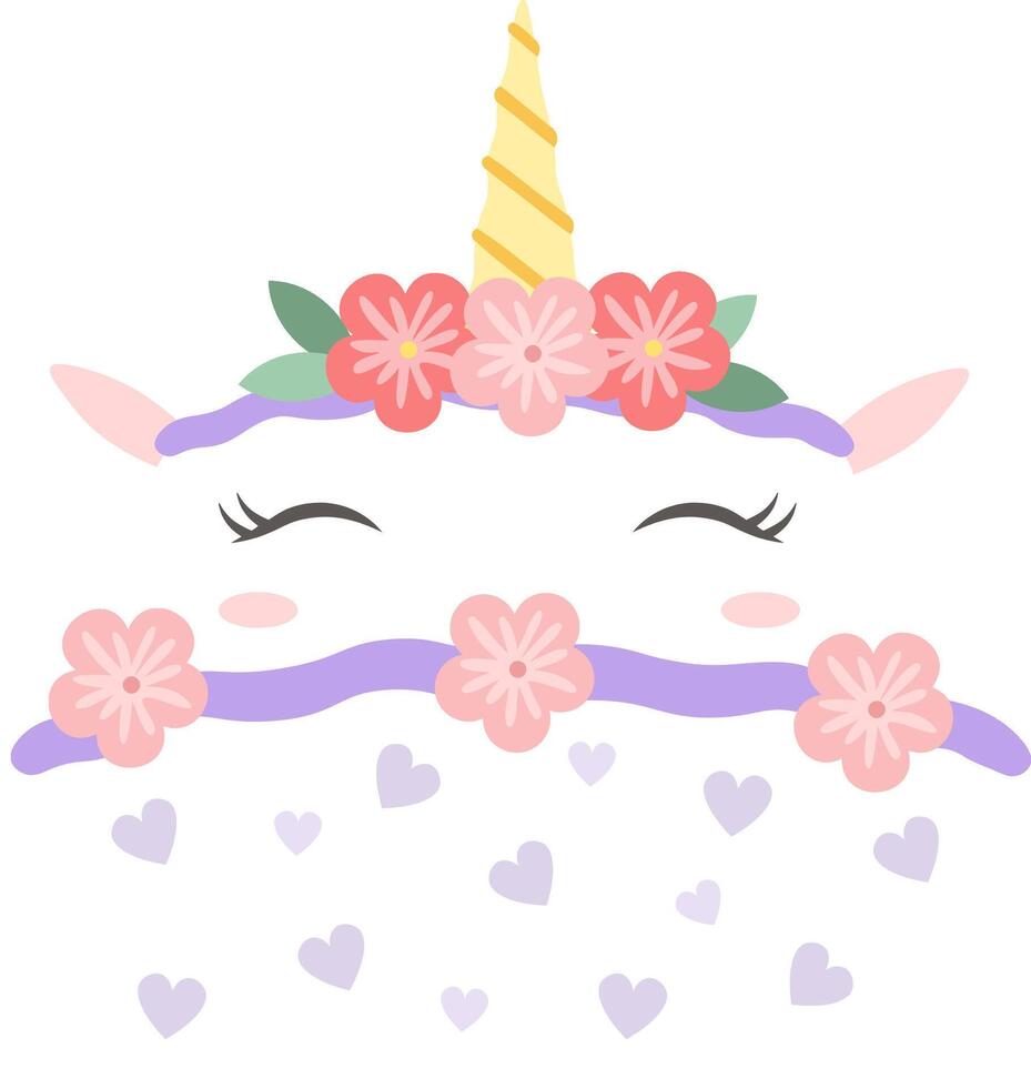 Lovely unicorn face featuring closed eyes, adorned with a floral crown, flowing purple mane, and pink flowers, blowing kisses with small hearts against a white background vector