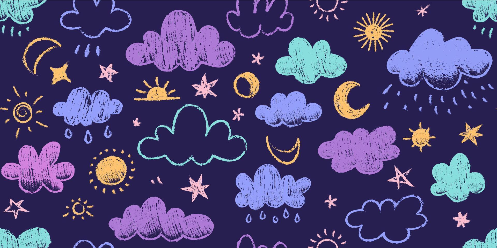 Chalk clouds pattern. Seamless print of hand drawn doodle clouds with rain and snow on chalkboard background. childish weather texture vector
