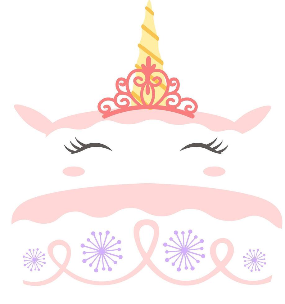 Illustrating a cute unicorn face adorned with a princess crown and cake layers decorated with ribbons and flowers, featuring closed eyes and a golden horn in pink and white vector