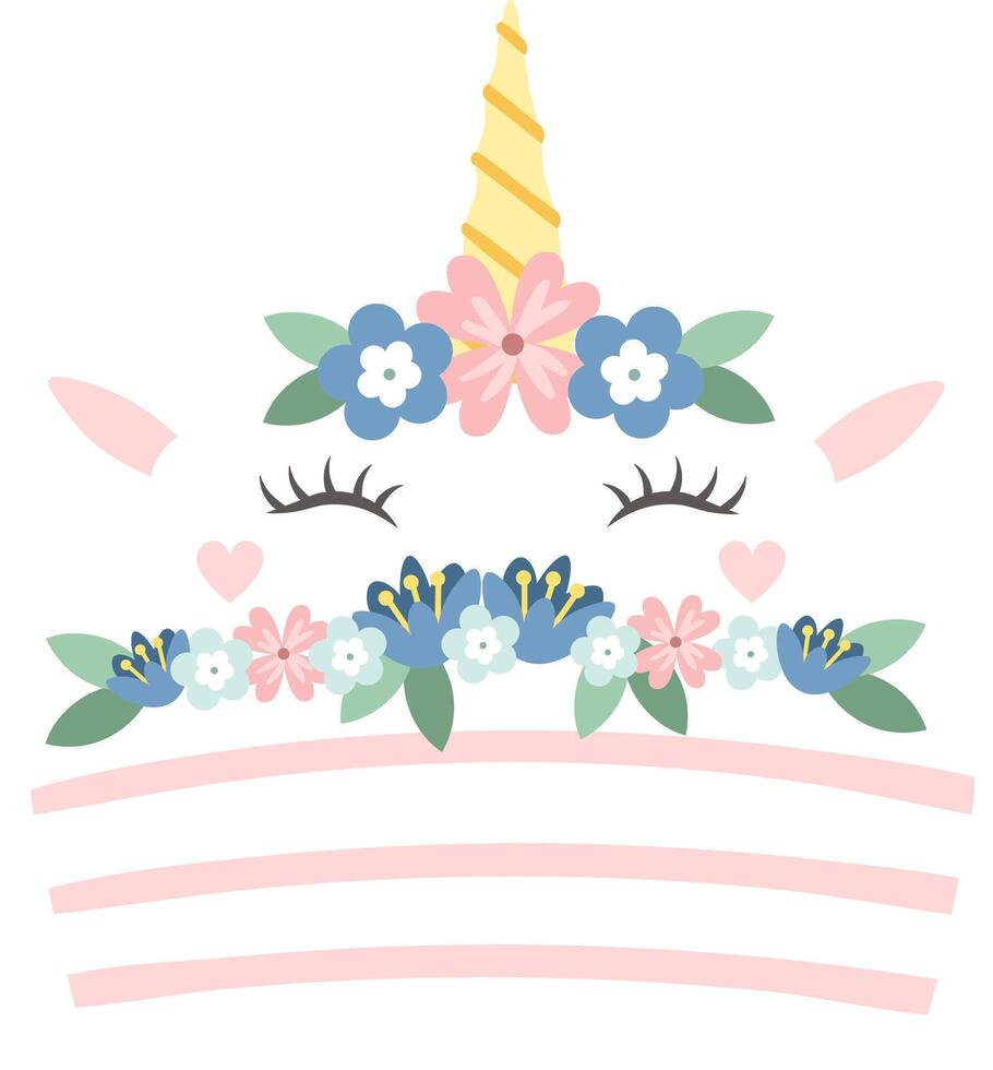 Lovely unicorn face with closed eyes, horn, ears, flowers and pink stripes creating a cute and magical design for girls, perfect for prints, decorations, and fantasy themed projects vector