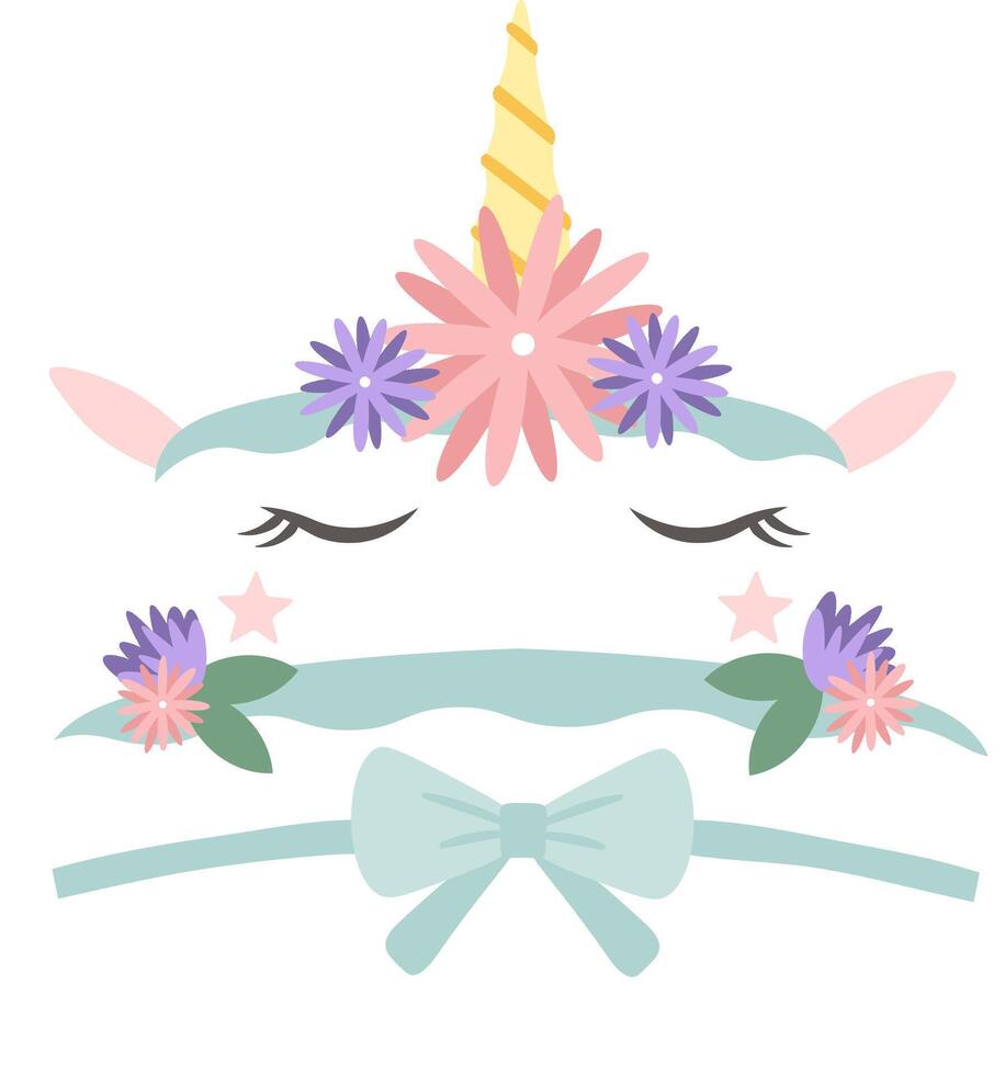 Unicorn face featuring closed eyes, a shimmering golden horn, and adorned with pink and purple flowers, leaves, stars, and a light blue bow, is peacefully sleeping vector