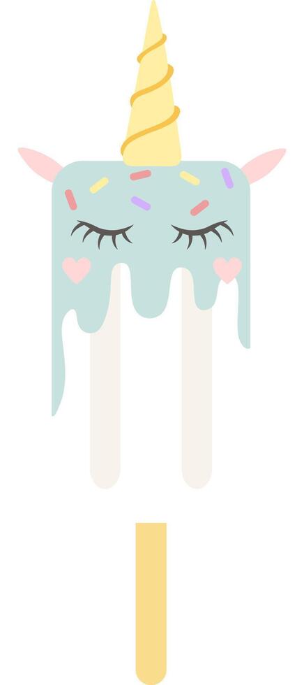 Melting turquoise unicorn popsicle resting on a white background, featuring closed eyes, playful hearts, and a delightful sprinkle of colorful confetti, radiating sweetness vector