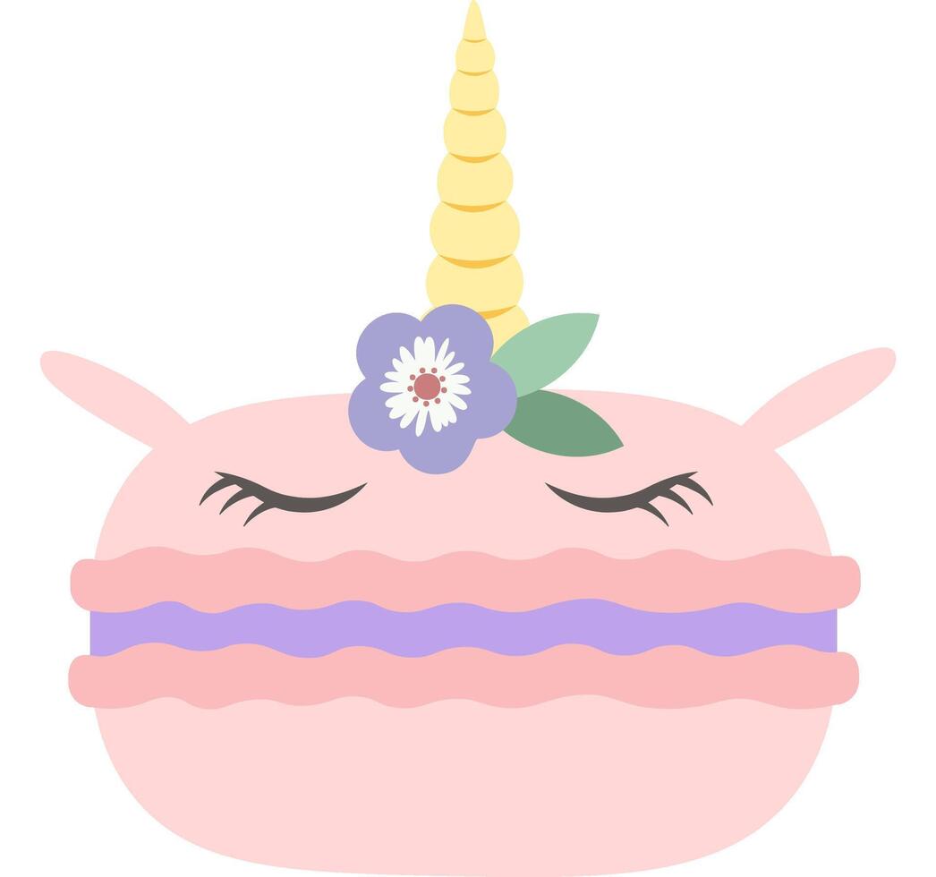 Cute pink macaron featuring a whimsical unicorn horn and delicate flower, sleeping peacefully with closed eyes and soft purple filling, isolated against a clean white background vector