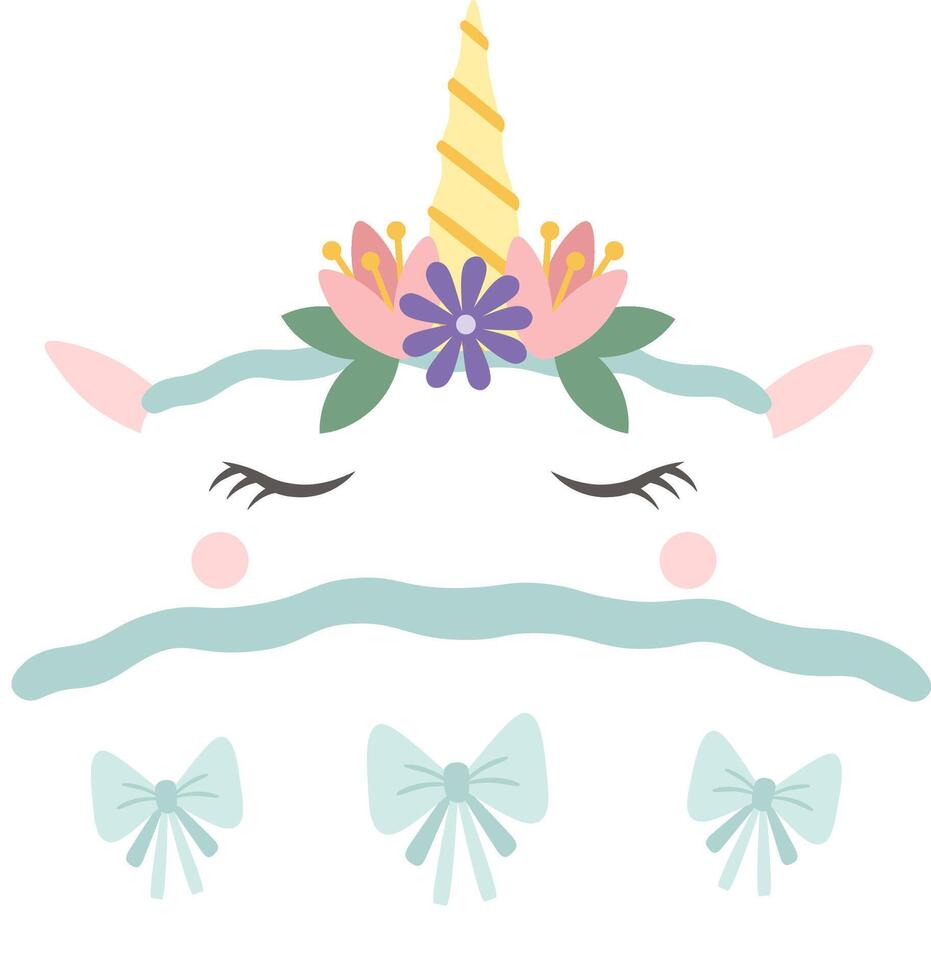 Lovely unicorn face with closed eyes, decorated with a crown of flowers and bows, creating a sweet and magical design for children's products vector