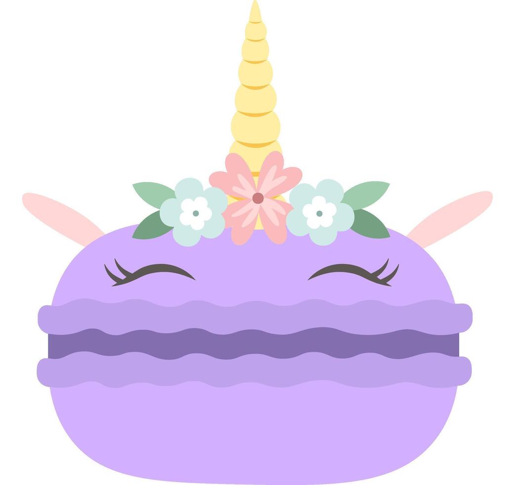 Whimsical illustration featuring a purple macaron as a unicorn, adorned with a golden horn, pastel flower crown, small ears, and a sweetly winking eye vector