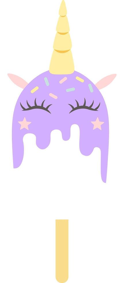 Delicious purple unicorn popsicle melting with closed eyes, adorned with whimsical star decorations and colorful sprinkles, resting on a clean white background vector