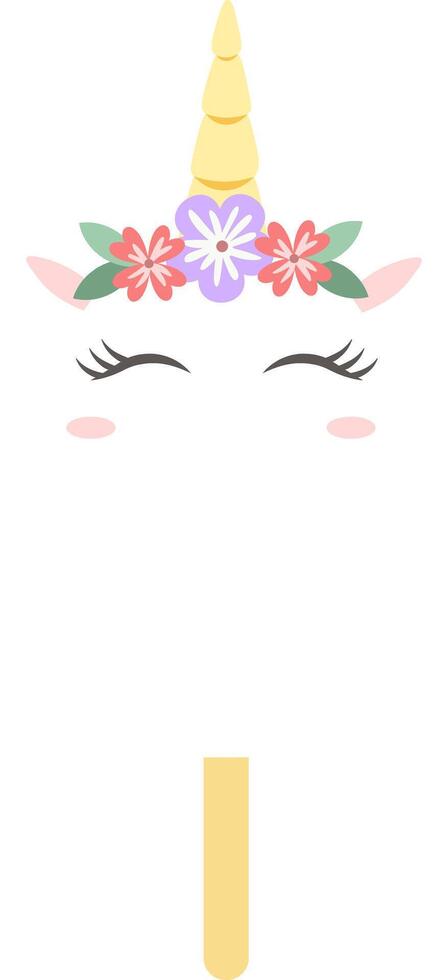 Illustration of a cute unicorn face with closed eyes, pink cheeks, small ears, a yellow horn and colorful flowers on its head, placed on a popsicle stick, creating a whimsical and playful design vector