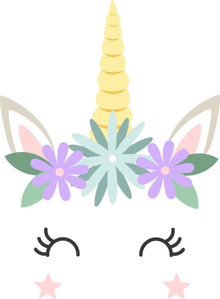 Winking unicorn face features closed eyes adorned with long eyelashes, a shimmering golden horn, playful pink ears, and surrounded by purple and light blue flowers along with pastel pink stars vector