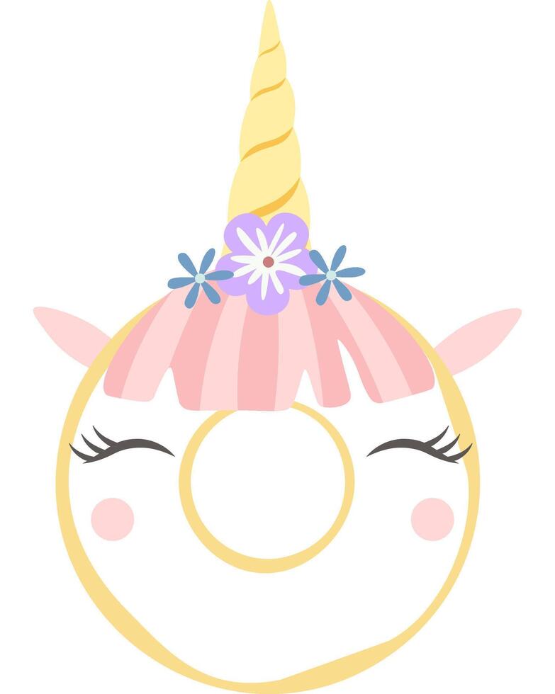 Cartoon illustration of a delicious donut decorated with a unicorn horn, flowers, closed eyes and rosy cheeks, creating a whimsical and magical treat vector