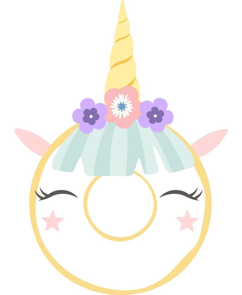 Cartoon unicorn donut with flowers and winking eyes is wearing a crown, isolated on white background, ideal for children's textiles, wrapping paper, greeting cards, posters, stickers vector