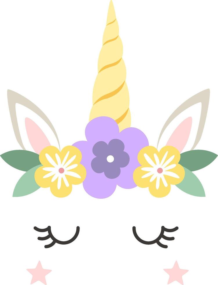 Illustration of a sleeping unicorn face with closed eyes, decorated with a crown of colorful flowers, a golden horn, and pink stars, creating a lovely and magical design vector