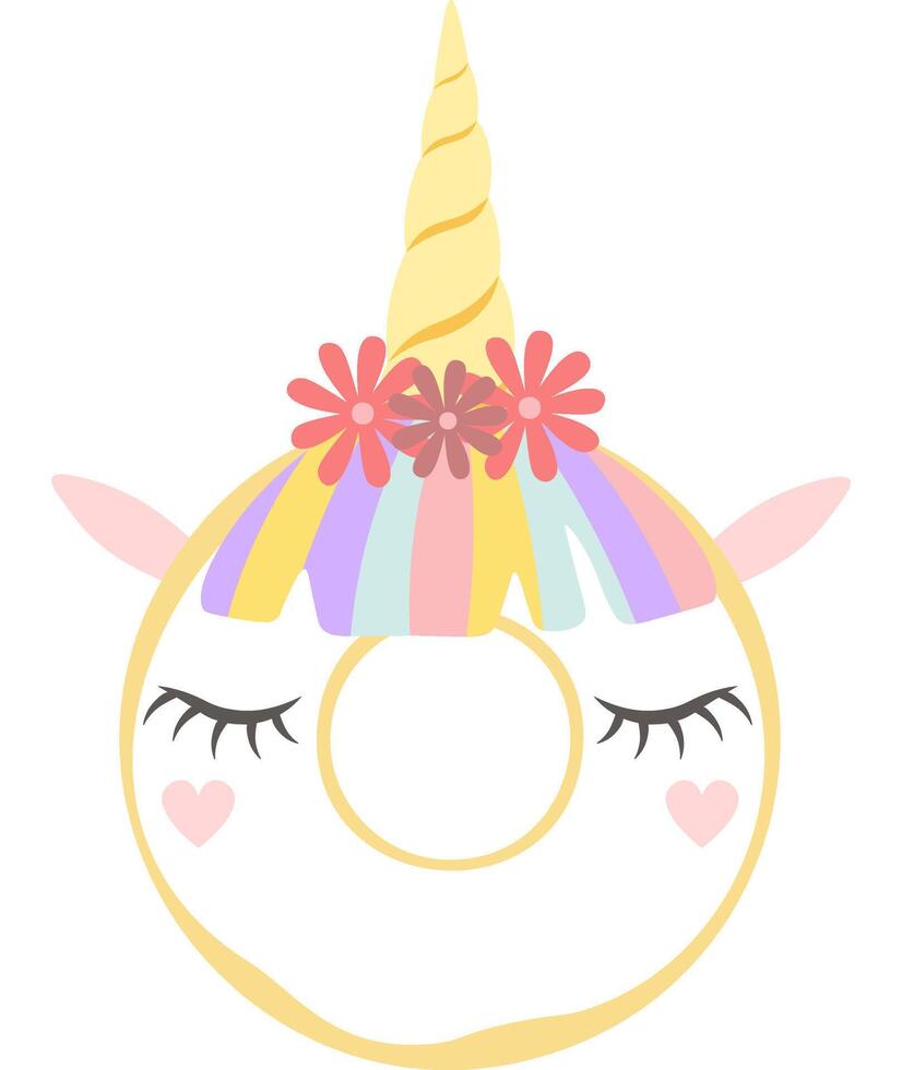 Adorable illustration of a unicorn donut with closed eyes, a rainbow wig, a horn and flowers, perfect for children's designs, prints, or fantasy themed projects vector