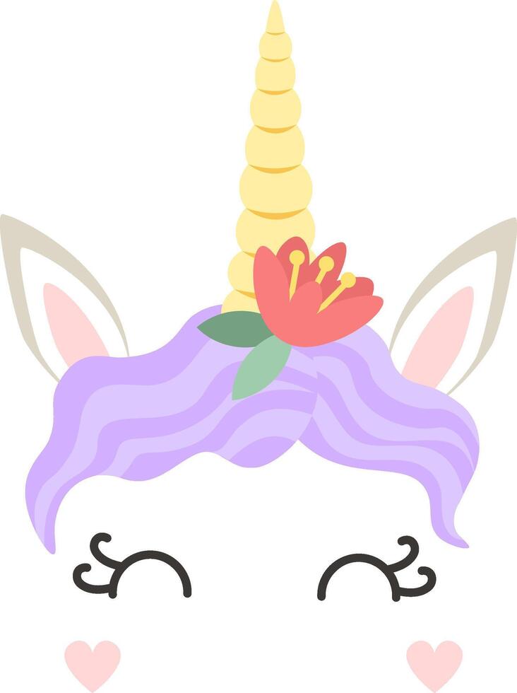 Adorable unicorn face with purple hair, a golden horn, and a flower crown, smiling with closed eyes and hearts, creating a sweet and magical design vector