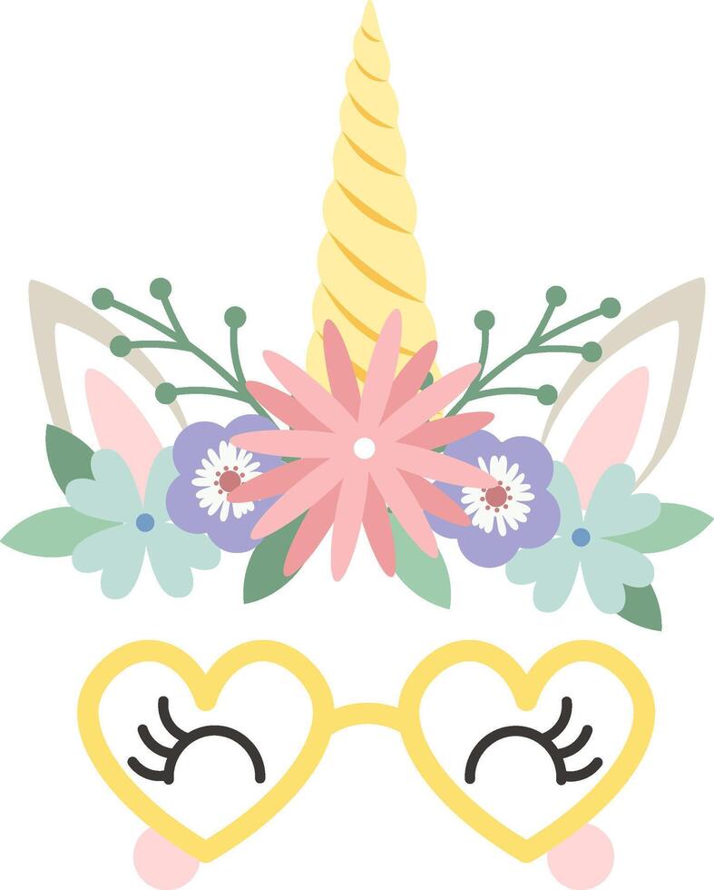 Illustration of a cute unicorn face with heart shaped sunglasses, adorned with a crown of colorful flowers, creating a whimsical and charming design vector