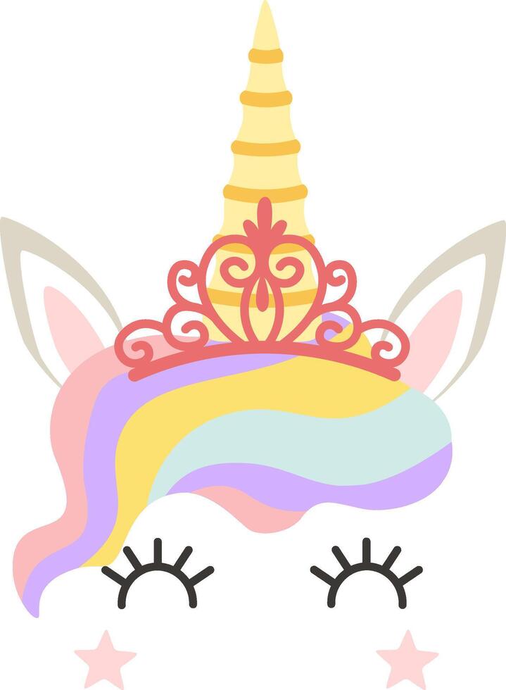 Colorful illustration of a unicorn face with rainbow hair, golden horn, princess tiara crown, closed eyes and eyelashes, isolated on white background vector