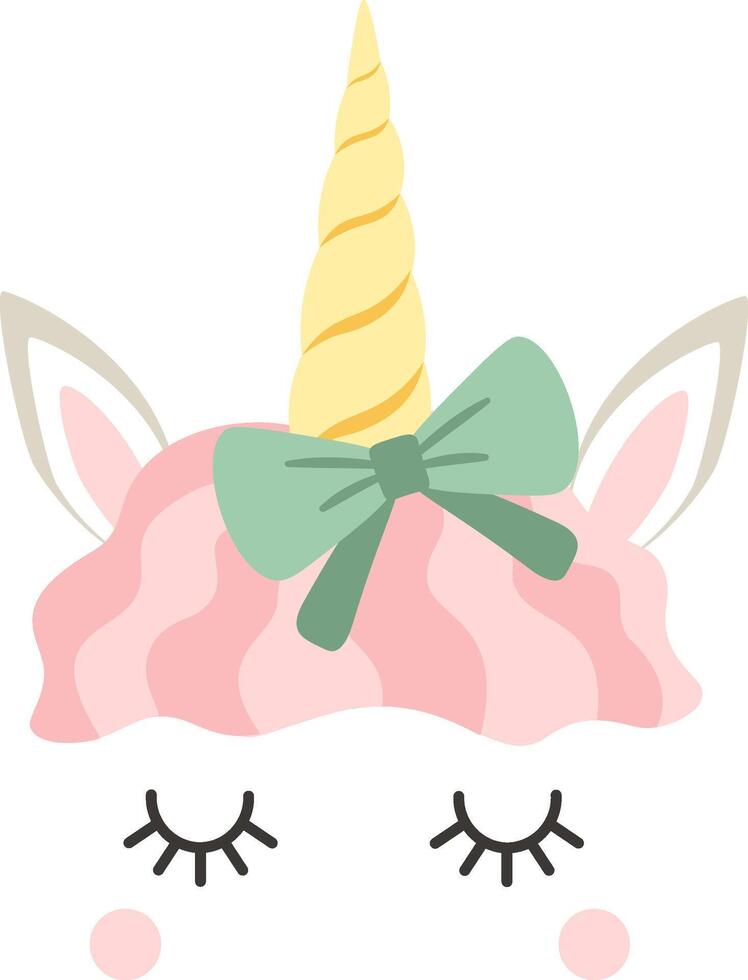 Pink unicorn head with closed eyes and wavy hair, adorned with a charming green bow, sleeping peacefully, creating a magical touch perfect for children's designs and illustrations vector