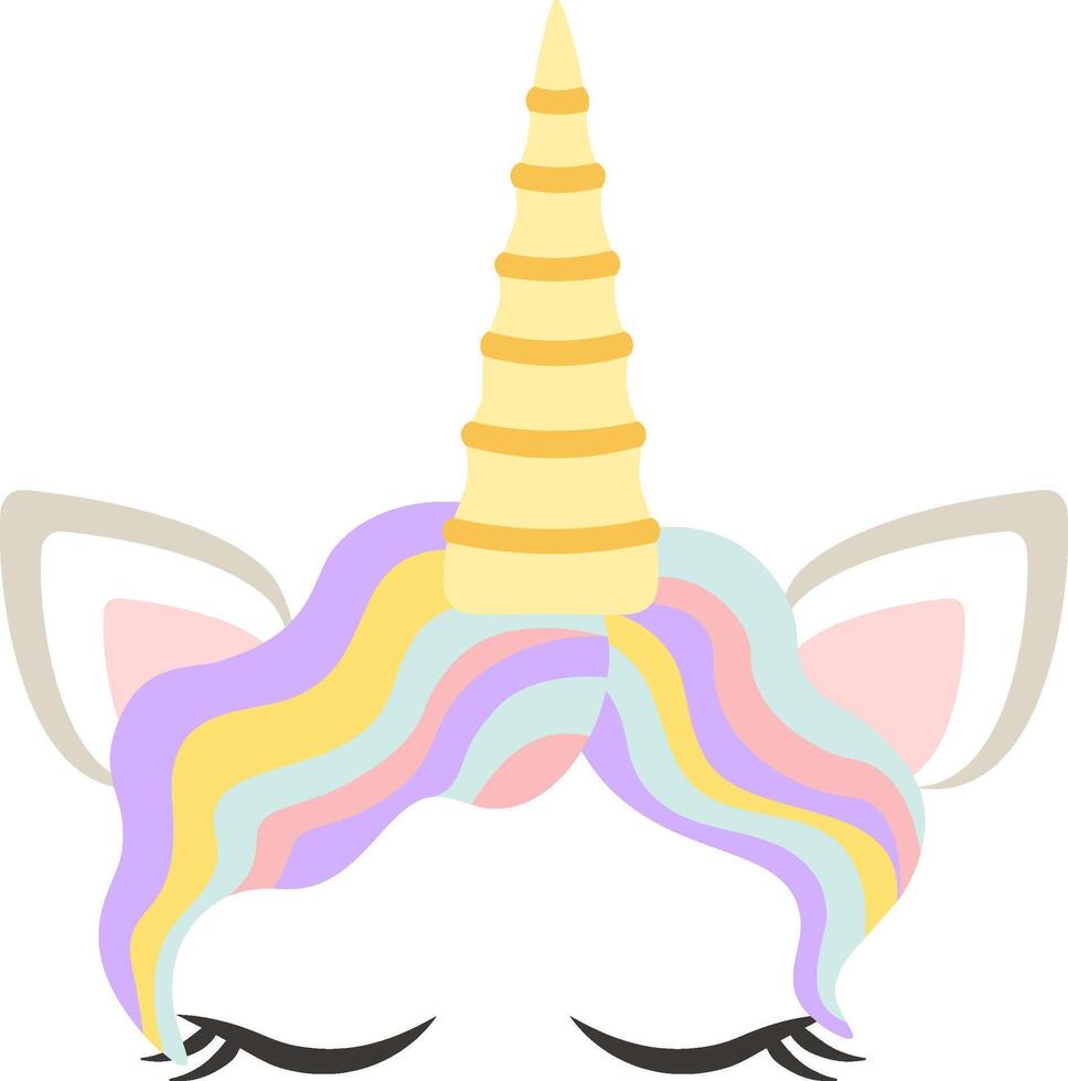 Unicorn face with closed eyes, colorful mane and golden horn, perfect for children's designs, prints, textiles, nursery decorations, and magical projects vector