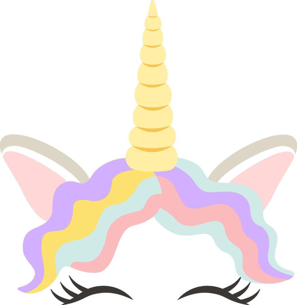 Unicorn face with closed eyes, golden horn, pastel colored mane and ears, ideal for children's designs, prints, fabrics, and magical themes vector
