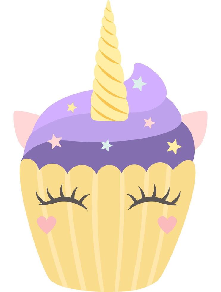 Adorable unicorn cupcake with purple frosting, stars, a golden horn and closed eyes with long eyelashes is winking, creating a whimsical and magical treat vector