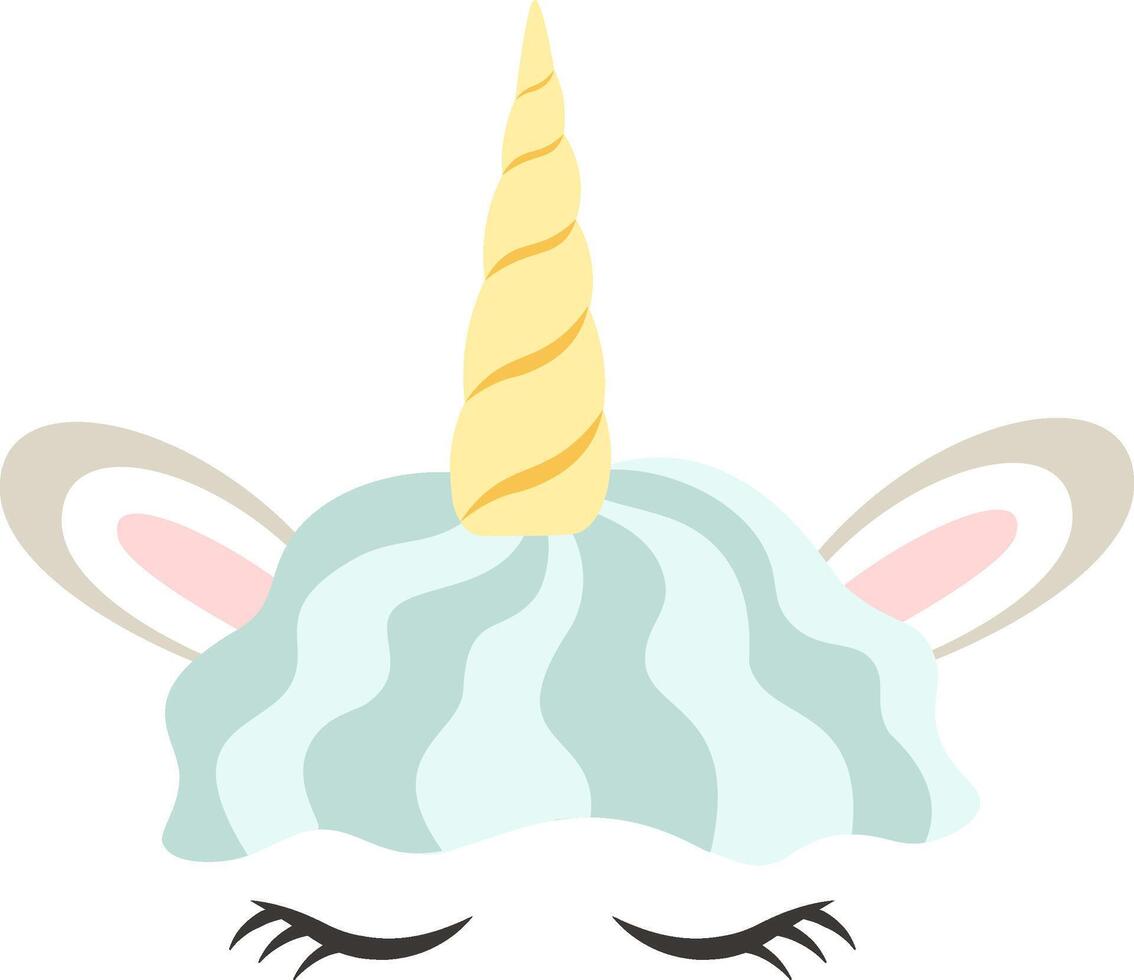 Adorable unicorn face featuring closed eyes, a shimmering golden horn, and a flowing light blue wavy mane, capturing the essence of magic and charm for children's designs and whimsical themes vector