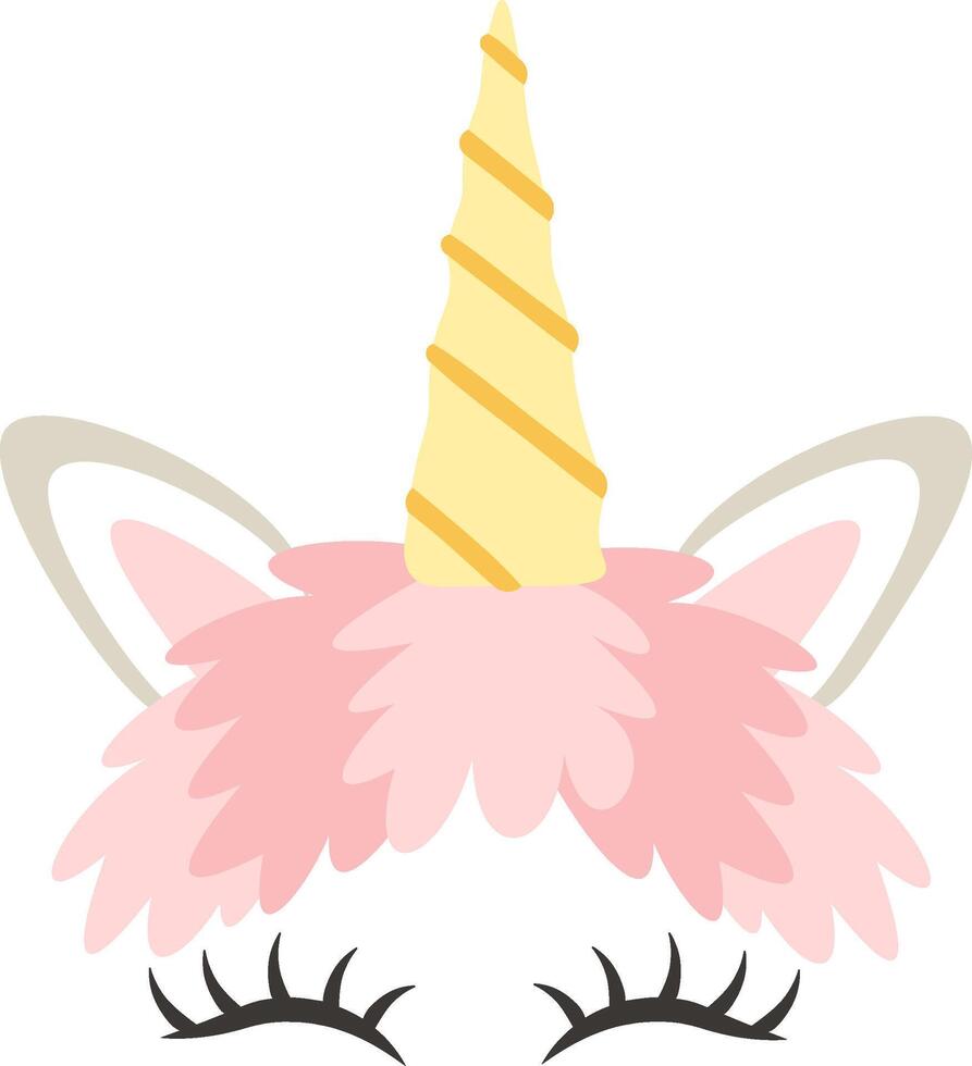 Illustration featuring a unicorn head adorned with a fluffy pink mane, a bright yellow horn, and gray ears, showcasing closed eyes against a clean white background vector