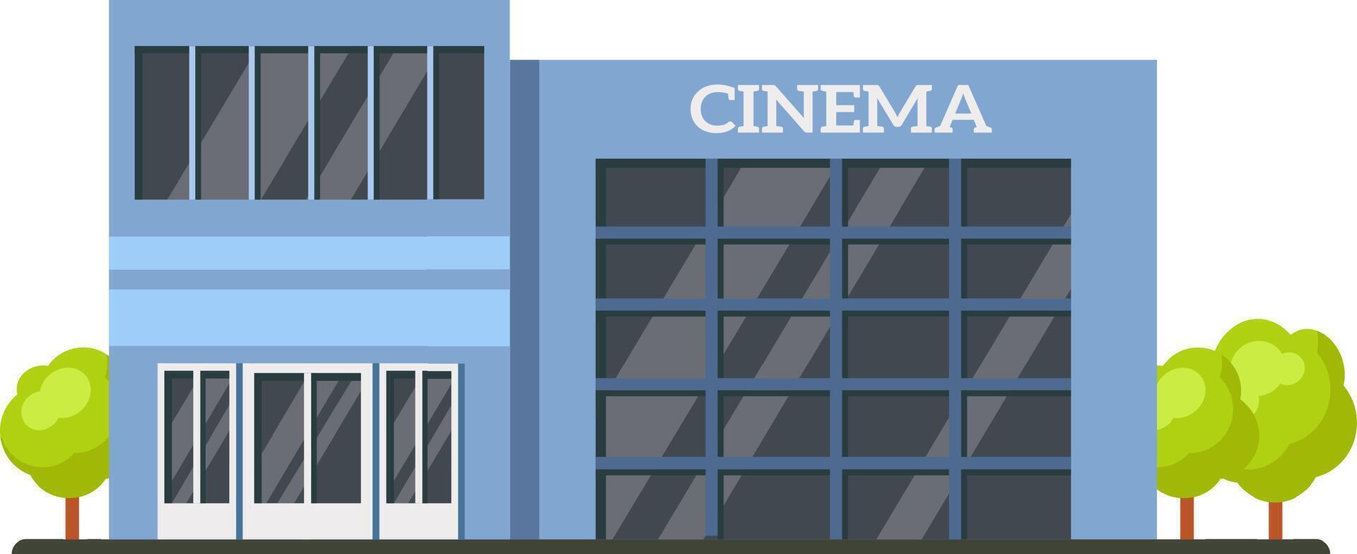 Contemporary cinema building showcasing large windows and trees, symbolizing entertainment, leisure, and the enjoyment of movies in a comfortable and accessible setting vector