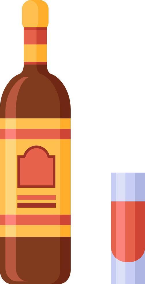 Bottle and glass of liquor with simple label design featuring warm colors, isolated illustration on white background, perfect for beverage and alcohol related projects vector