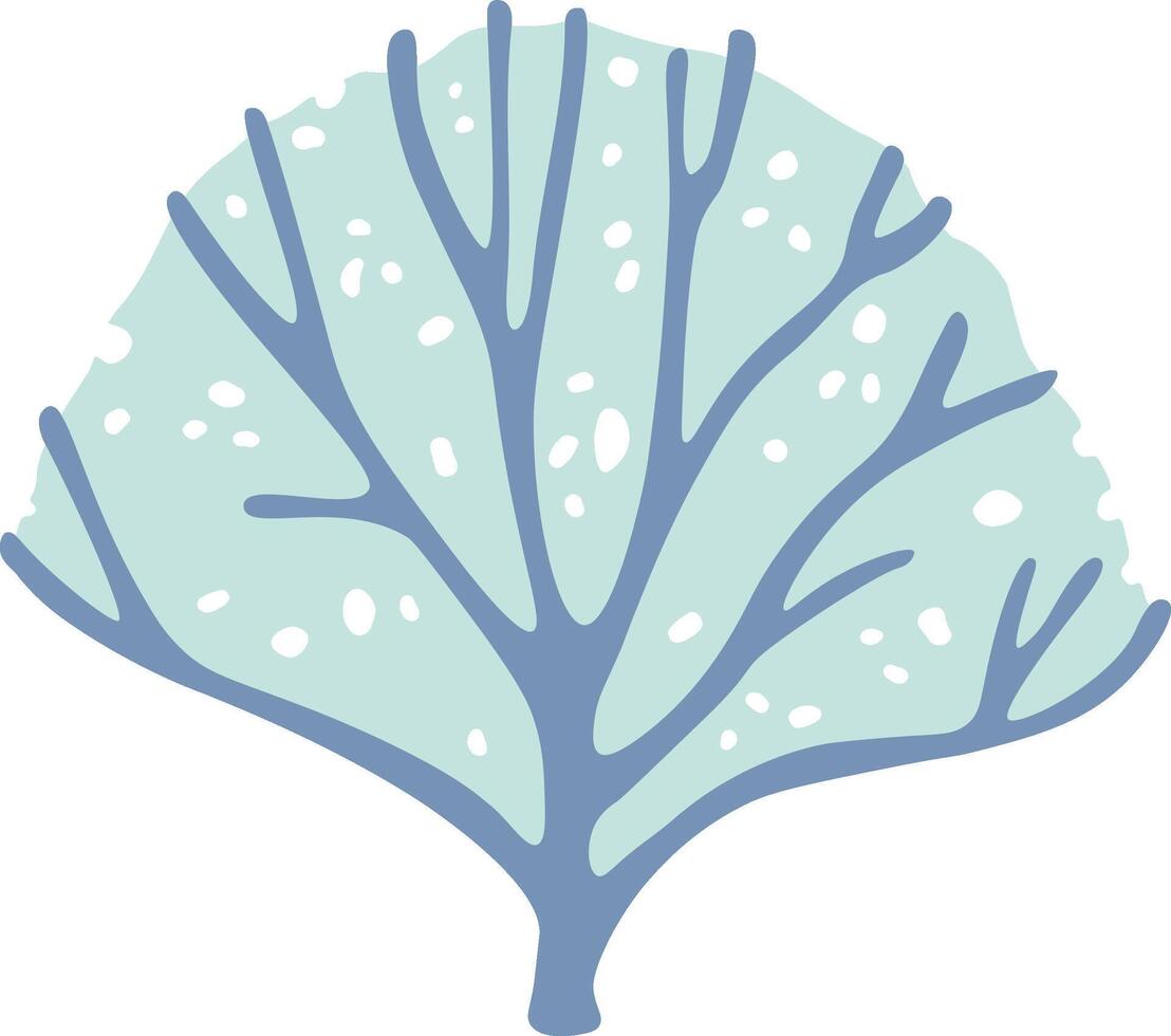 Winter illustration of a ginkgo biloba tree covered in snow, ideal for christmas or winter projects, with a light blue color and white spots vector