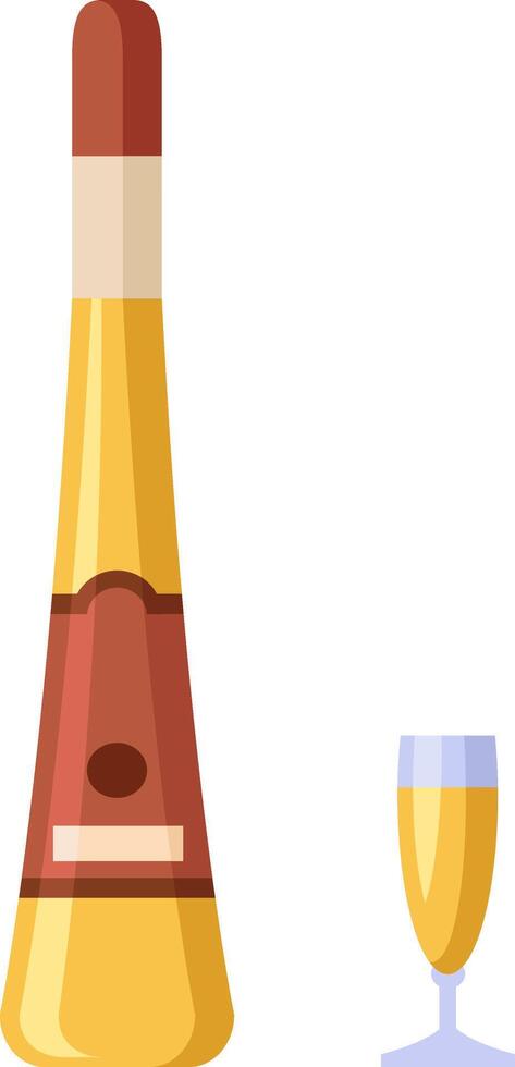 Bottle and glass of sweet white dessert wine with simple label and red cap standing on white background representing viticulture, winemaking and celebration vector