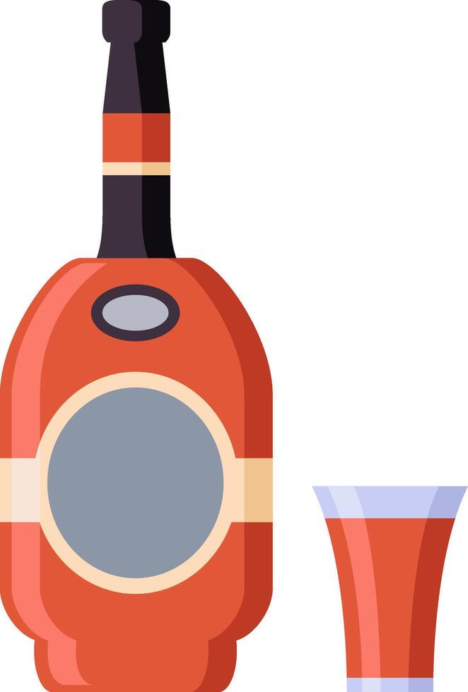 Bottle and shot glass containing red liquor, celebrating concept, isolated on white background, party and celebration icon, flat illustration vector