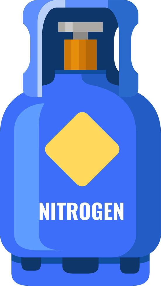 Blue nitrogen gas cylinder with valve and yellow rhombus sign emphasizing safe storage and transport of nitrogen, an essential element across various industries vector