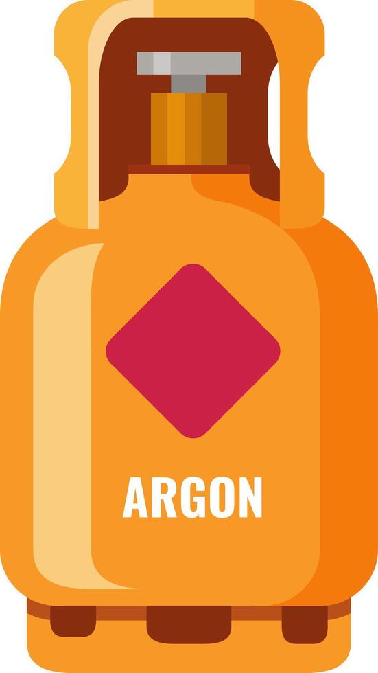 Orange argon gas cylinder with valve, safety cap and hazard diamond, used for welding and other industrial applications, representing storage and transportation of compressed gas vector