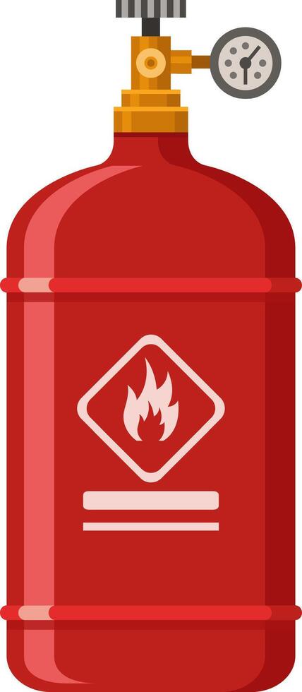 Red gas cylinder with flammable warning sign and pressure gauge showing current pressure. Featuring a valve and a blank space for text or logo. Representing industrial gas storage and safety measures vector