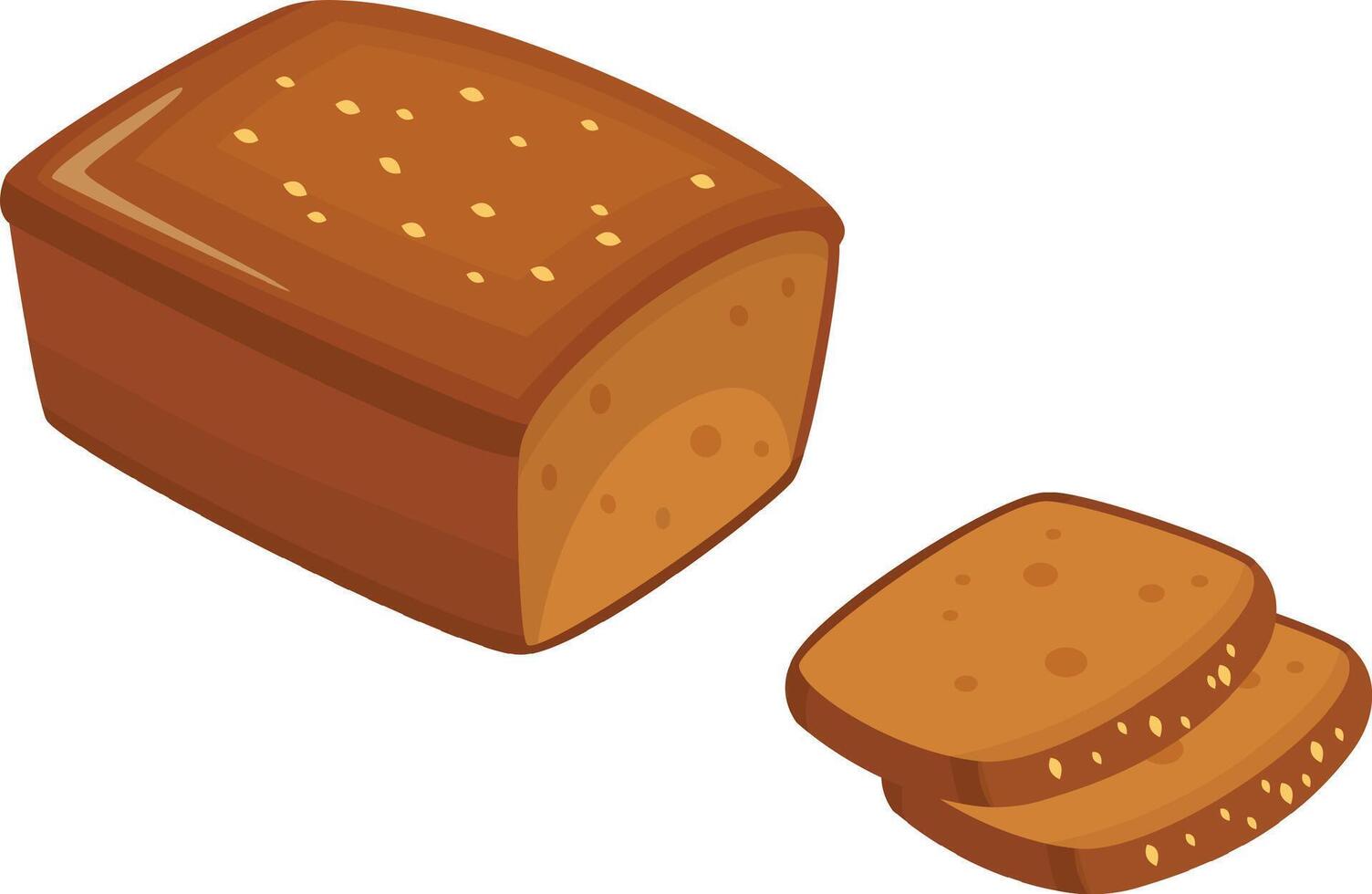 Whole grain bread loaf with sesame seeds and two slices lying nearby, fresh bakery product, illustration for recipe book or food blog vector