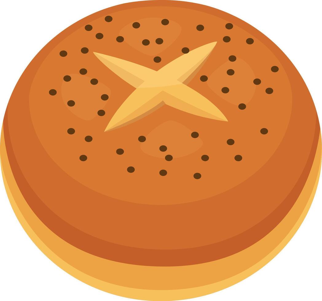 Freshly baked round bread bun is decorated with poppy seeds and a cross shaped cut, creating an appetizing presentation perfect for breakfast or snack vector