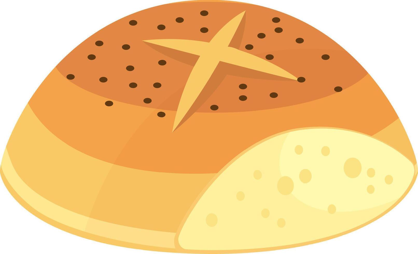 Freshly baked round loaf of bread with poppy seeds and a cross shaped cut on top, partially sliced to reveal the soft, porous interior, representing bakery, nutrition, and culinary traditions vector