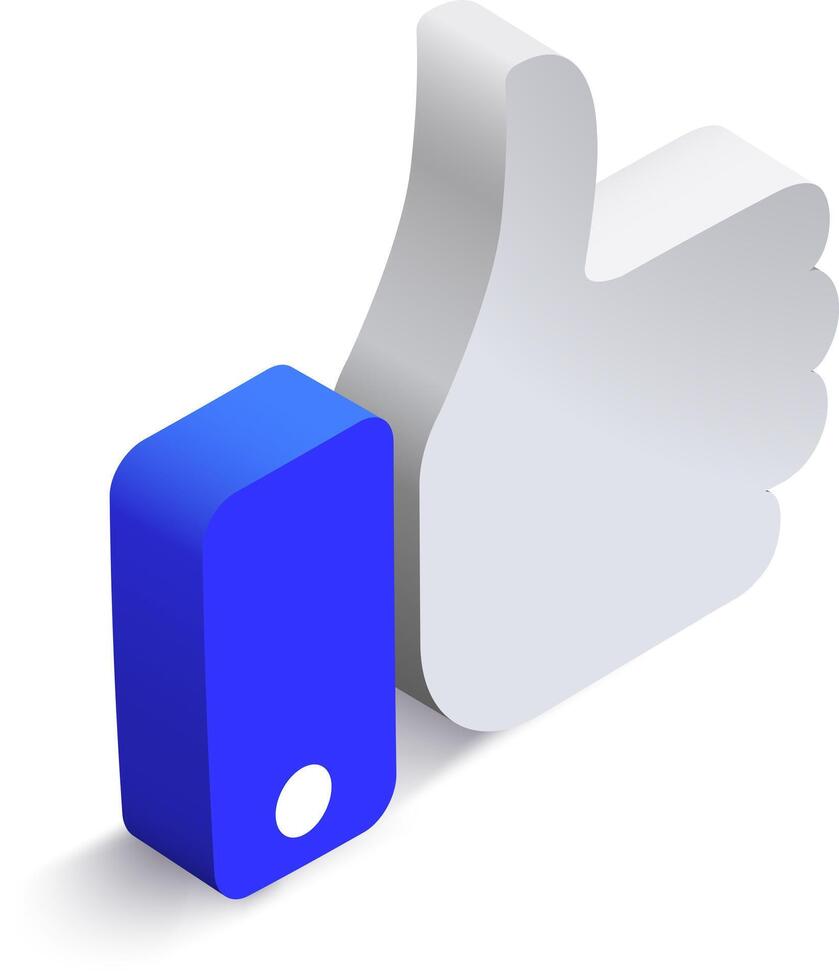 Blue and white 3D isometric thumbs up symbol conveying approval, agreement, and positive feedback, representing social media engagement and encouraging communication vector