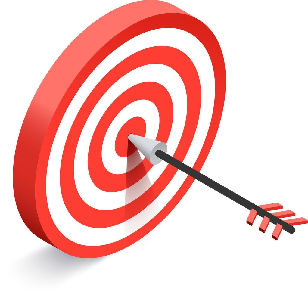 Arrow striking the center of a vibrant red and white target, symbolizing the achievement of goals and the triumph of winning in business and marketing strategy vector