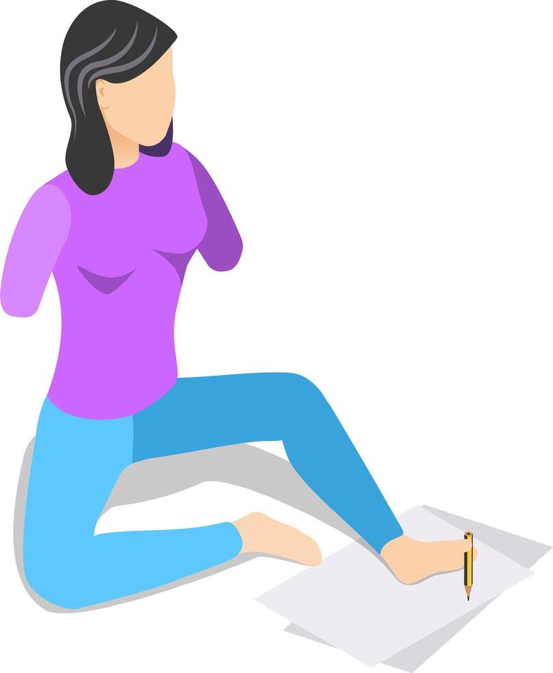 Young armless woman sitting on floor writing with foot holding pen on paper sheet, showing adaptation, ability and resourcefulness in overcoming physical limitations vector