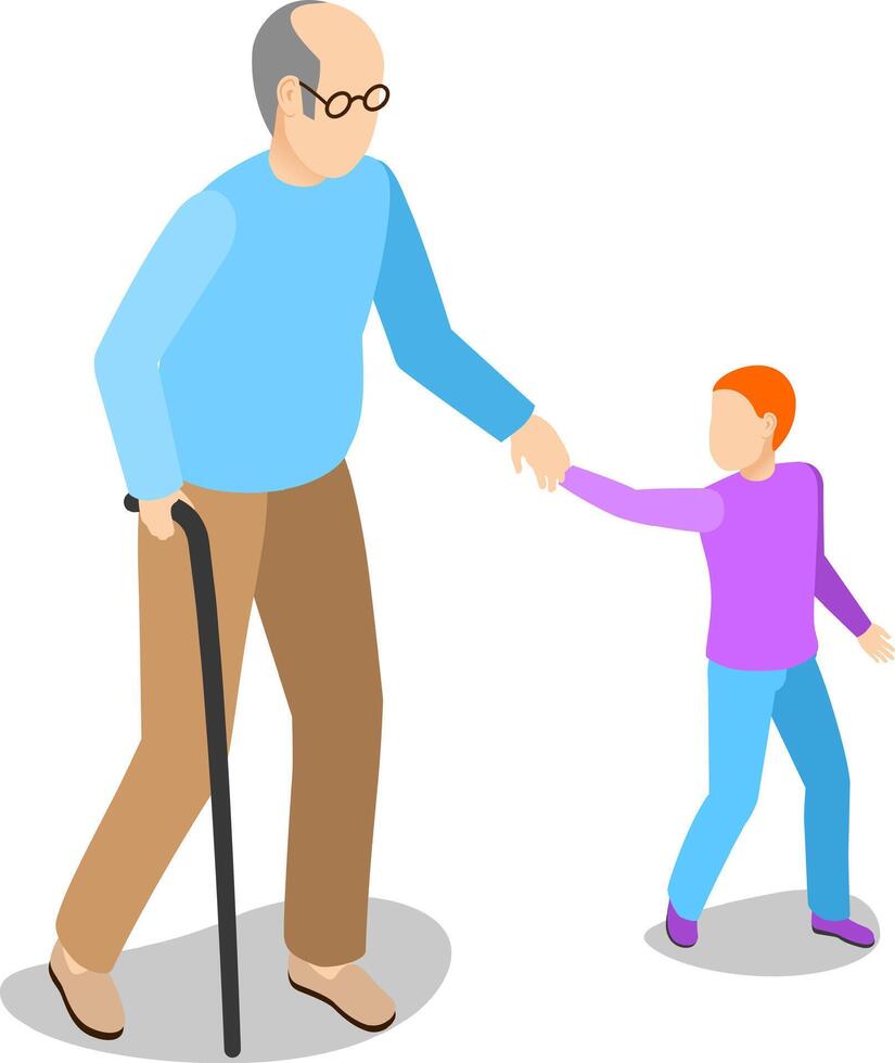 Elderly man walking with a cane while holding hands with a young child, symbolizing the deep family bonds, care, and support that thrive across generations vector