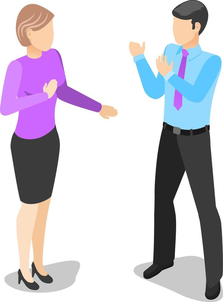 Business partners having a discussion, businesswoman gesturing with hand and businessman crossing arms, isometric business characters communicating vector