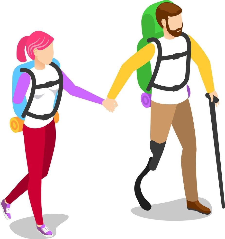 Isometric hikers with backpacks holding hands and walking, overcoming challenges and enjoying the journey together, promoting inclusivity and perseverance in outdoor activities vector