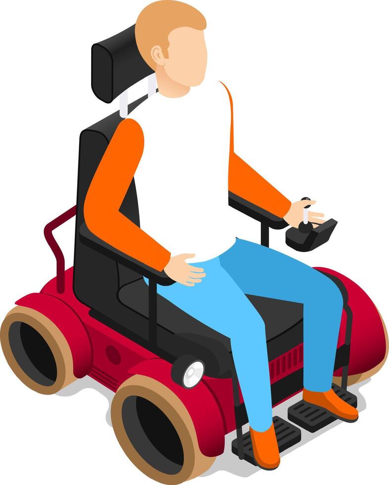 Isometric illustration representing a blond man sitting in a modern red electric wheelchair and holding a joystick controller. Promoting mobility and independence for people with disabilities vector