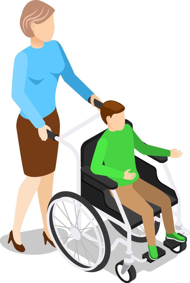 Nurse pushing a wheelchair with a young patient, highlighting the importance of healthcare support and mobility assistance within a medical environment, promoting recovery and wellbeing vector