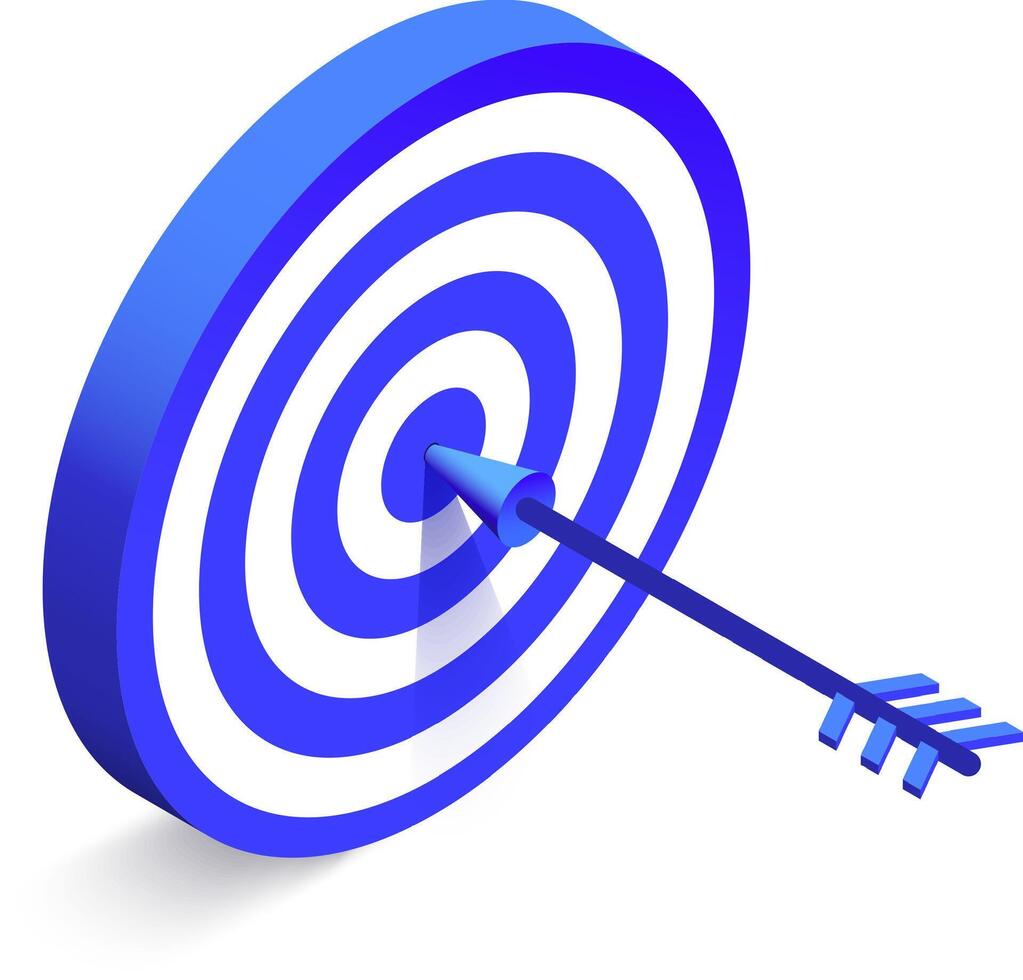 Arrow hitting the center of a blue and white target represents achieving a business objective, completing a task, or completing a project successfully vector