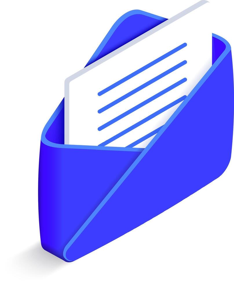 Blue isometric open envelope holding a letter with lines of text, symbolizing email, messaging, and online communication in a digital landscape of correspondence and connection vector